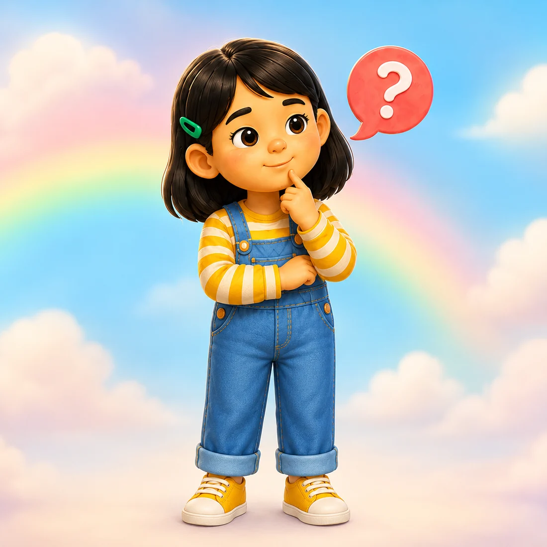 Jade smiling in blue overalls, thinking beside a speech bubble with a question mark.